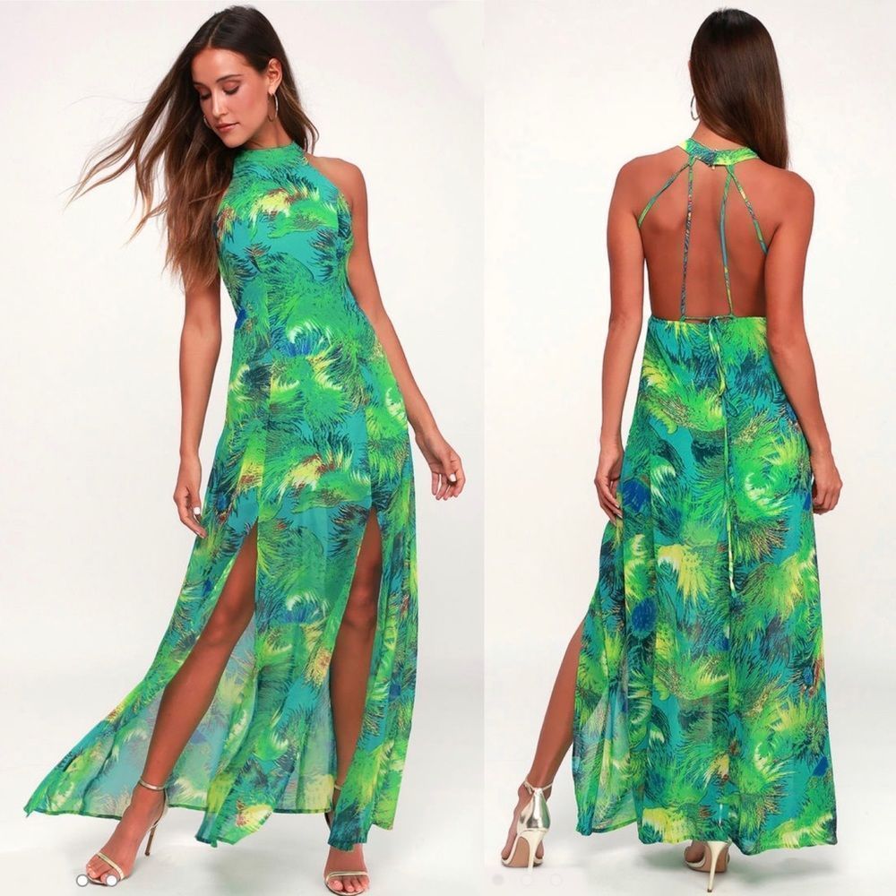 Lulu’s Tropic of Discussion Tropical Print Maxi Dress Green Size M